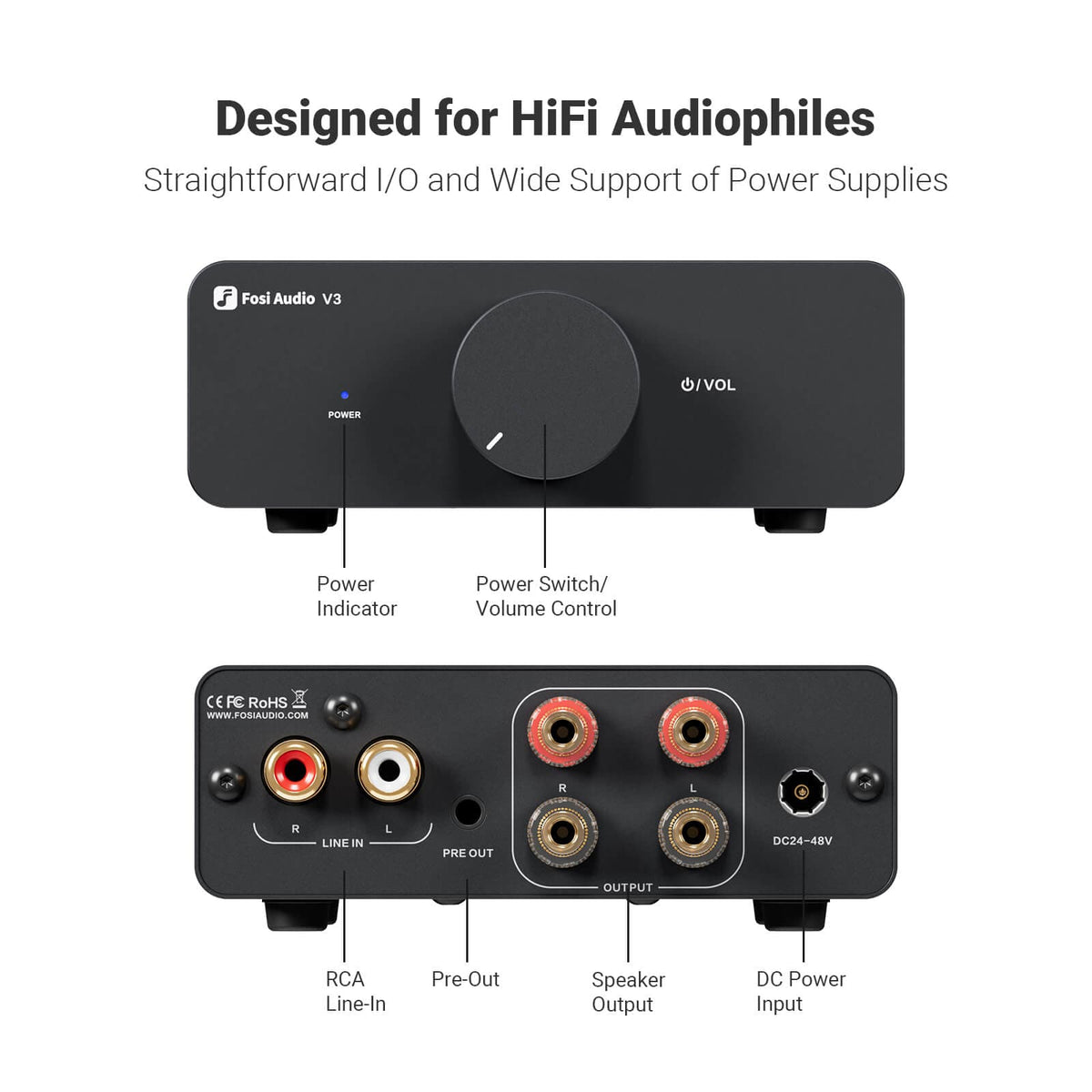 Fosi Audio V3 300W x2 2 Channel Hi-Fi Stereo Audio Amplifier