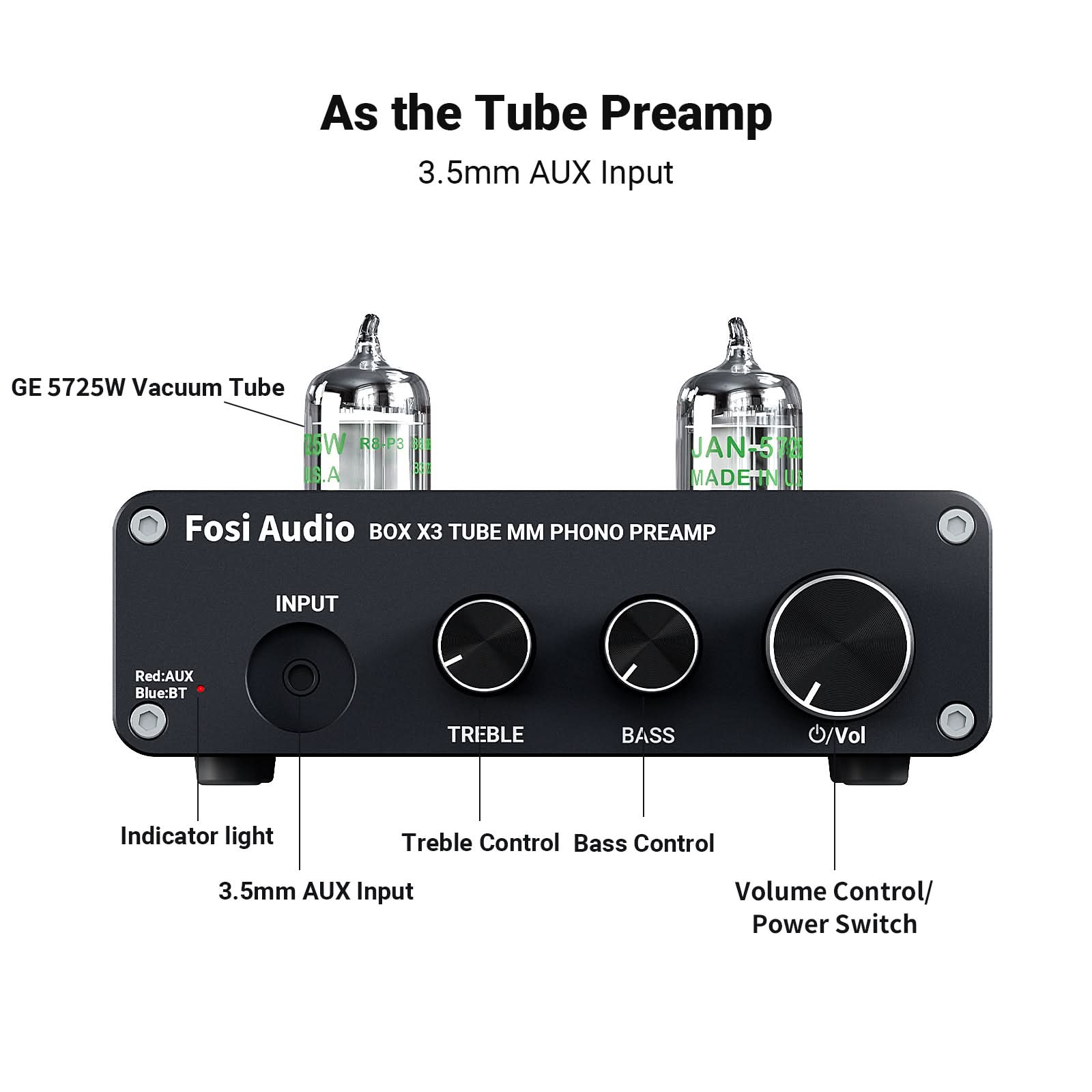 Fosi Audio Box X3 Bluetooth Phono Preamp for Turntable Phonograph Preamplifier With 5725 Vacuum Tube - Fosi Audio
