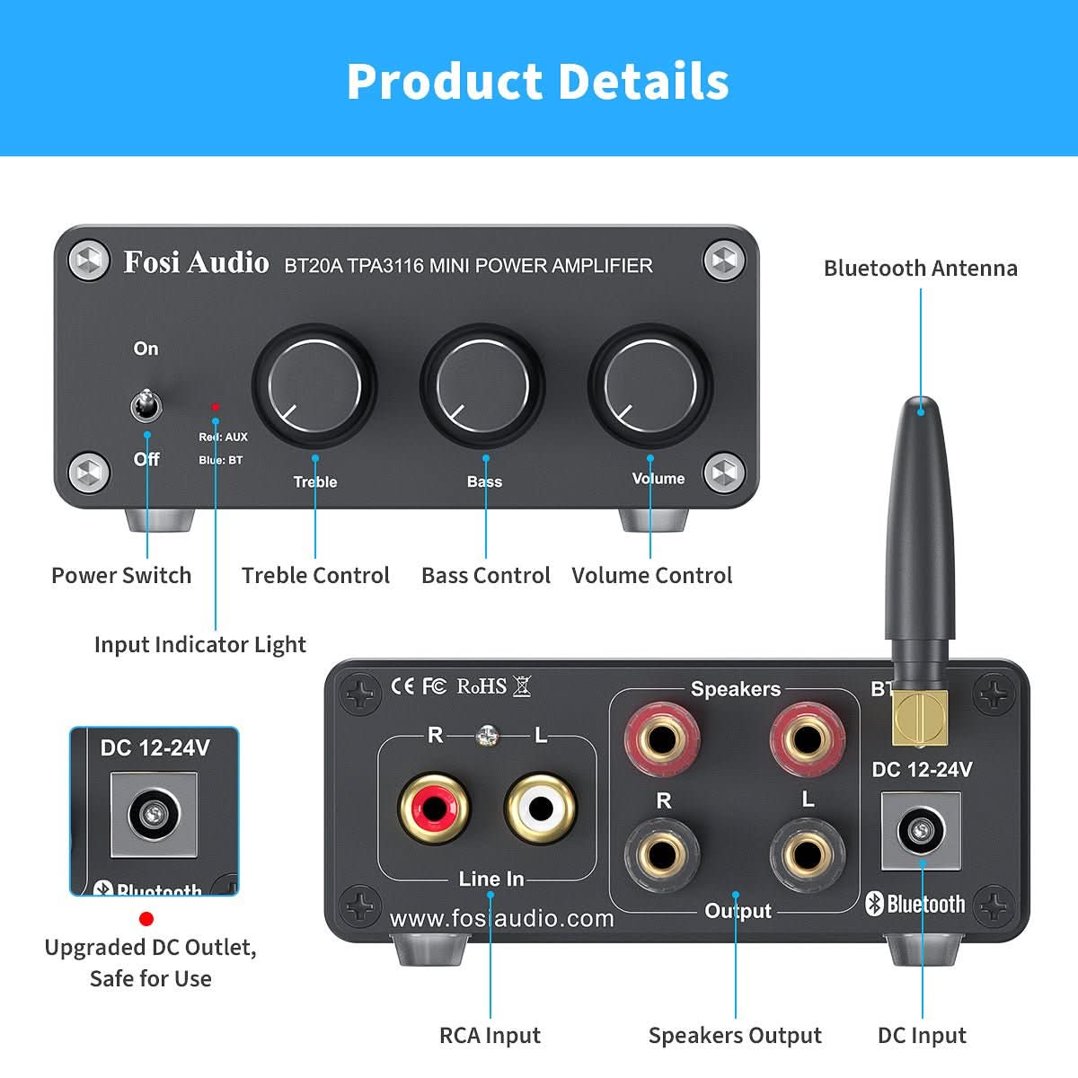 Fosi Audio BT20A Bluetooth 5.0 Amplifier 2 Channel Stereo Amp Receiver Class D Amplifier for Home Audio System - Fosi Audio