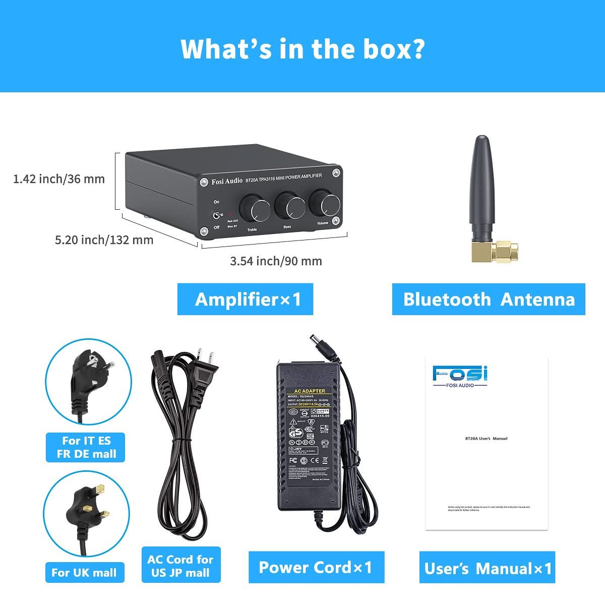Fosi Audio BT20A Bluetooth 5.0 Amplifier 2 Channel Stereo Amp Receiver Class D Amplifier for Home Audio System - Fosi Audio