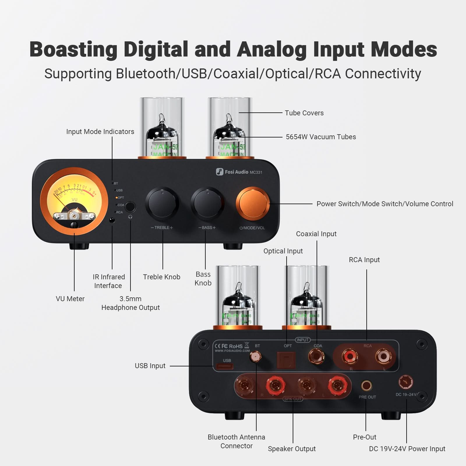 Fosi Audio MC331 Tube Integrated Bluetooth Amplifier with DAC and VU Meter - Fosi Audio