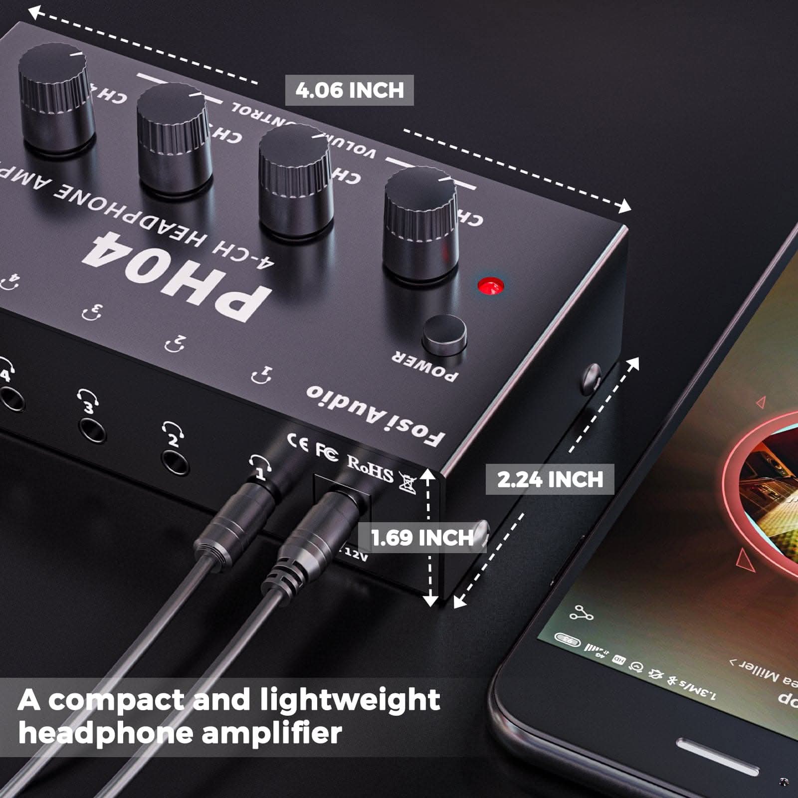 Fosi Audio PH04 Headphone Amplifier 4 -Channel Metal Stereo Audio Amp Ultra-Compact Portable Headphone Splitter for Studio