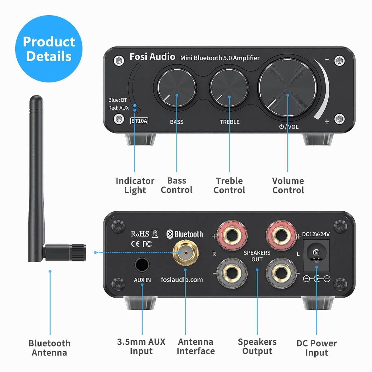 Fosi Audio BT10A-S Amplificateur Bluetooth 5.0 Récepteur Audio stéréo, 2  canaux Mini Hi-FI Class D Integrated Amp, pour Haut-parleurs passifs
