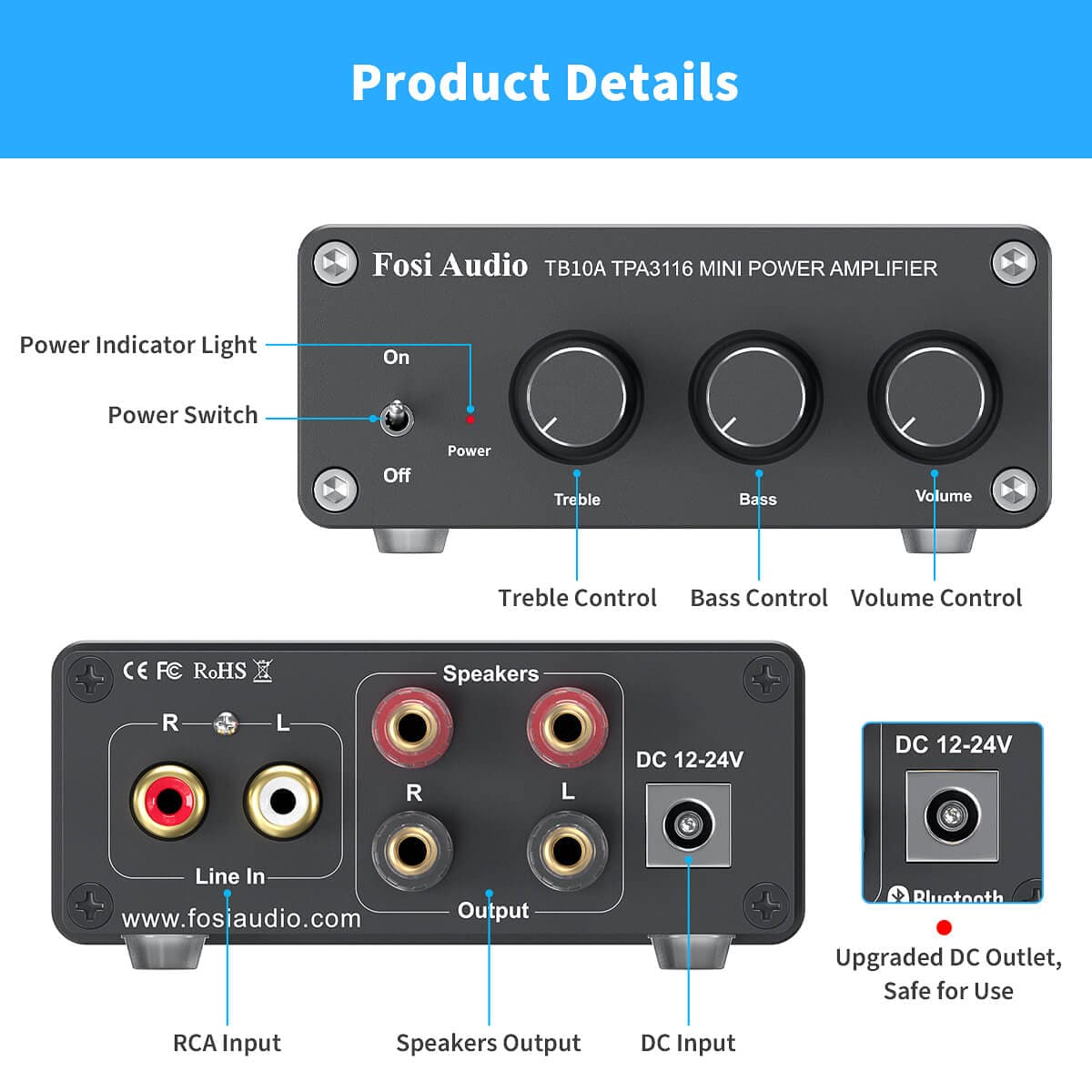 Fosi Audio BT10A Bluetooth 5.0 Stereo Audio Amplifier Receiver 2