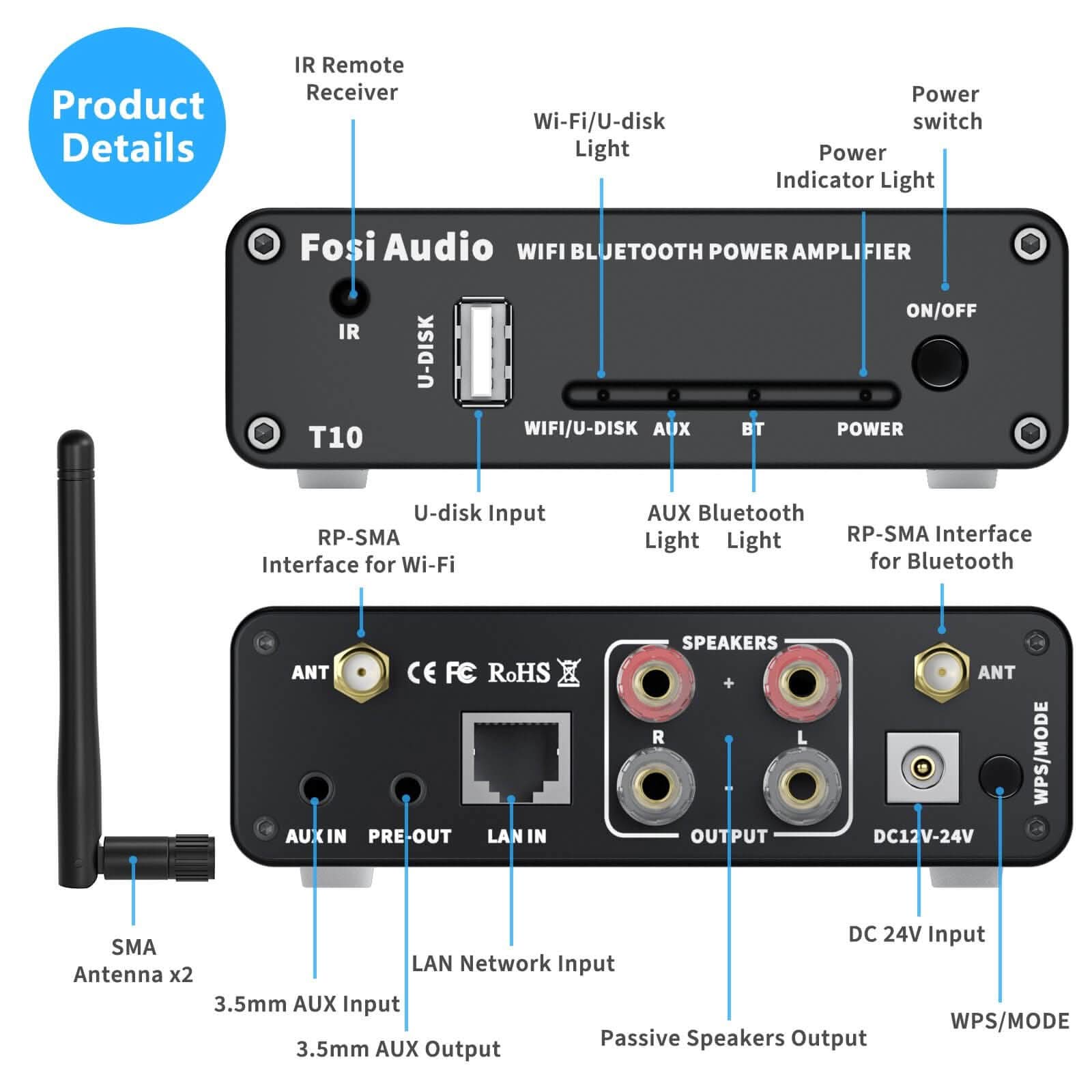 Fosi Audio T10 WiFi & Bluetooth 5.0 Amplifier 2 Channel Stereo Amp Receiver Class D Amplifier, Home Amplifier for Speakers with spotify,airplay,Multiroom/multizone Digital Audio Speaker Amp