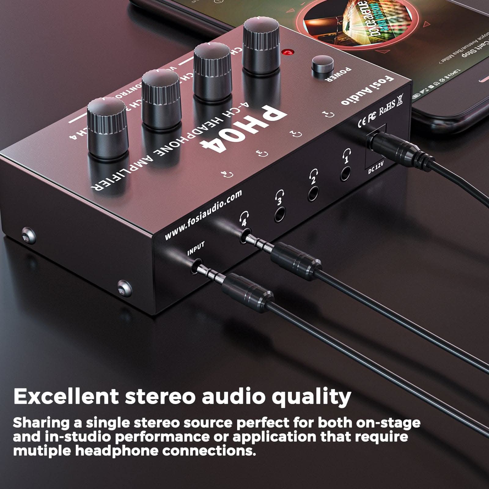 Fosi Audio PH04 Headphone Amplifier 4 -Channel Metal Stereo Audio Amp Ultra-Compact Portable Headphone Splitter for Studio
