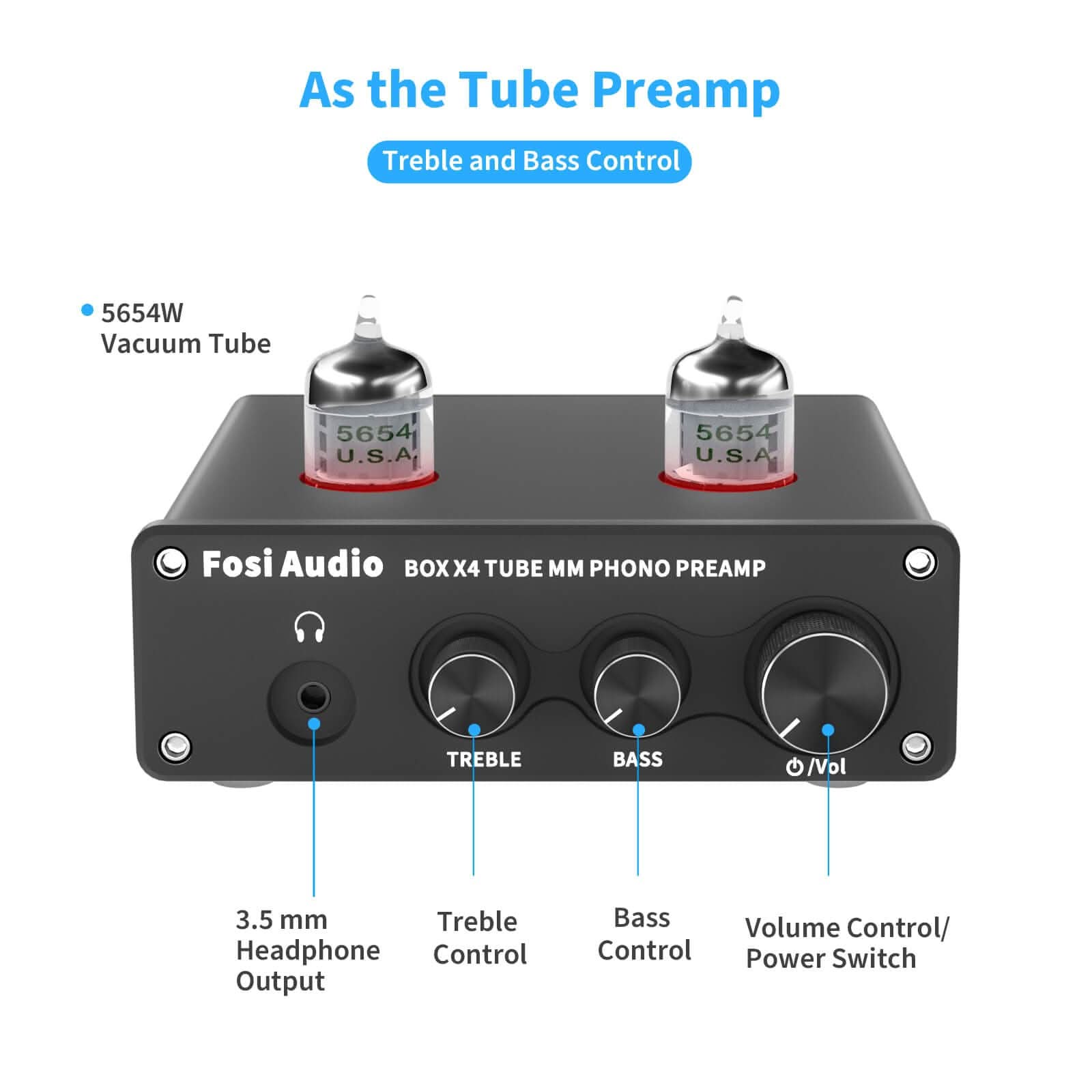 Phono Preamp & Headphone Amplifier with JAN 5654W Vacuum Tubes for MM Turntable Phonograph Preamplifier for Record Player with Volume Bass Treble Control Hi-Fi Pre Amp Fosi Audio Box X4