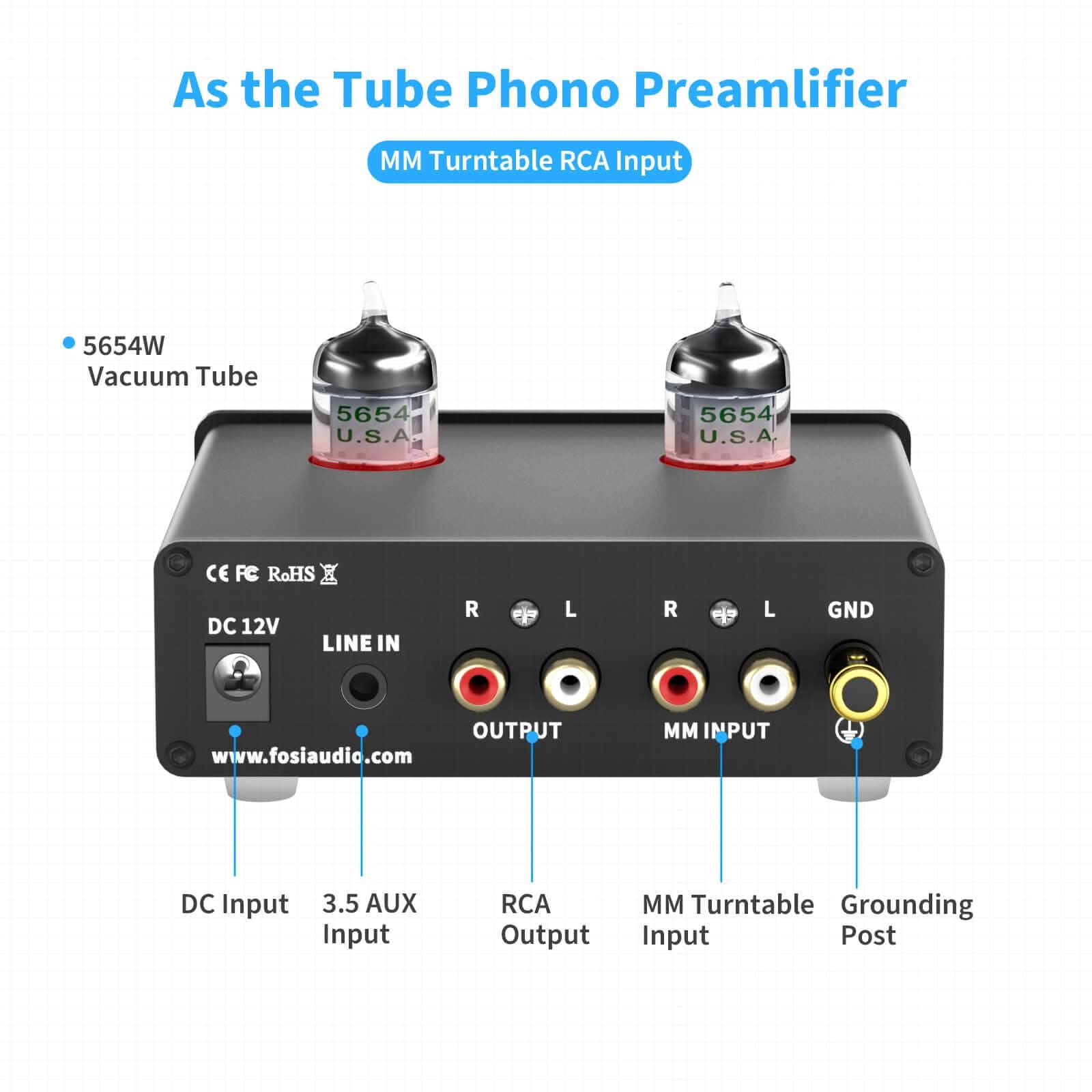 Phono Preamp & Headphone Amplifier with JAN 5654W Vacuum Tubes for MM Turntable Phonograph Preamplifier for Record Player with Volume Bass Treble Control Hi-Fi Pre Amp Fosi Audio Box X4