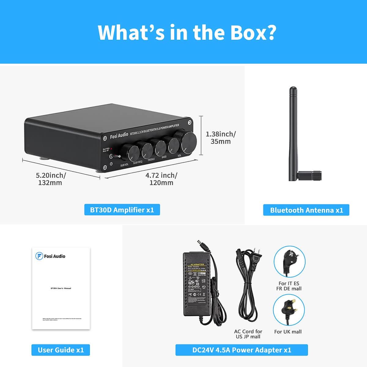 BT30D Bluetooth 5.0 2.1 Channel Power Amplifier with Bass and Treble Control