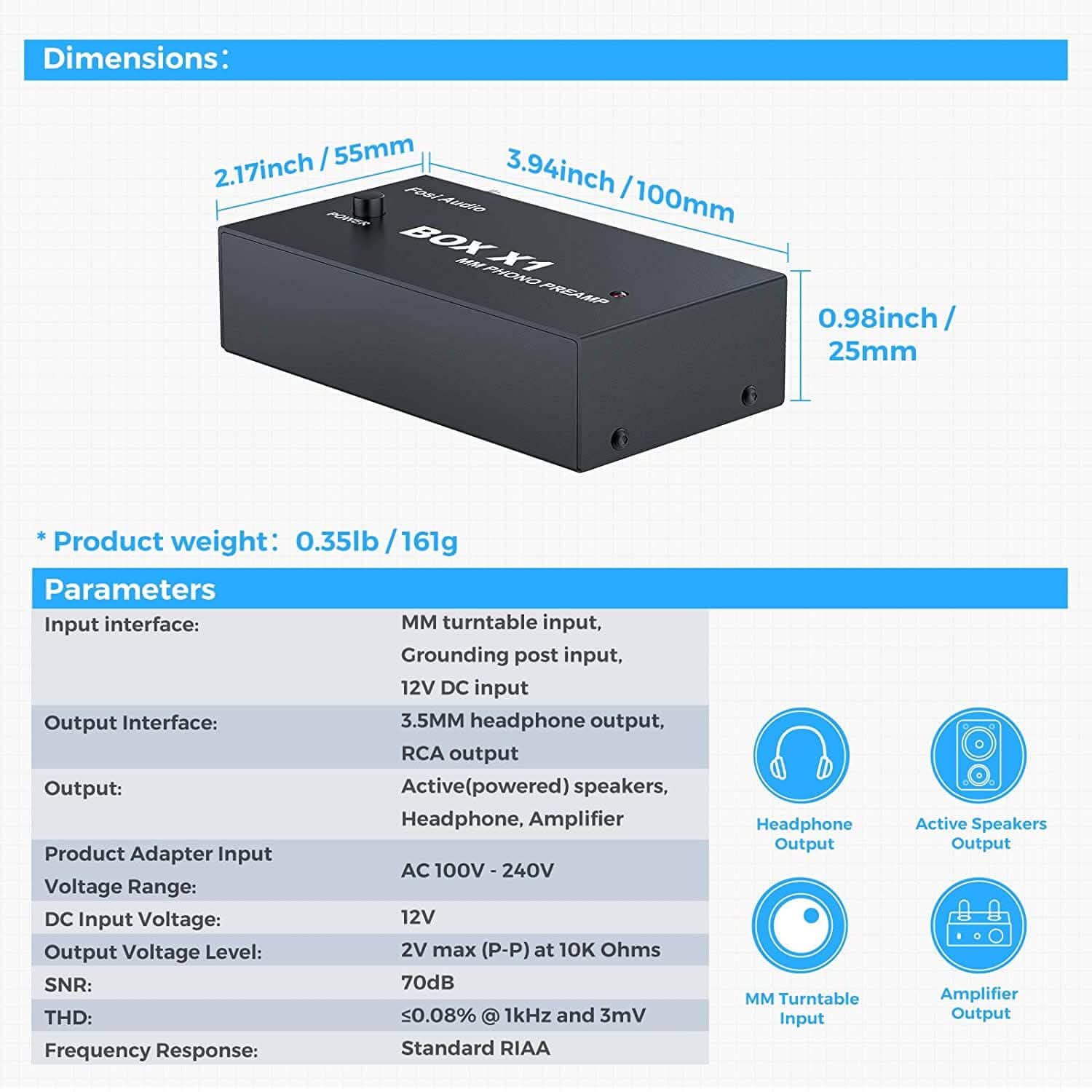 Fosi Audio BOX X1-MM Phono Preamp MM Turntable Preamplifer With 3.5mm AUX Headphone Output
