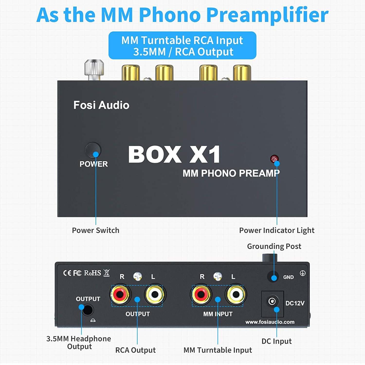 Fosi Audio BOX X1-MM Phono Preamp MM Turntable Preamplifer With 3.5mm AUX Headphone Output