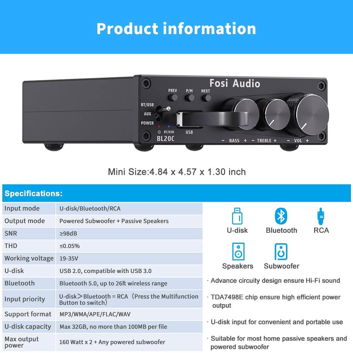 Fosi Audio BL20C Bluetooth Stereo Audio Receiver Amplifier 2.1 Mini HiFi Class D Amp U-Disk Player For Passive Speaker 160W x2