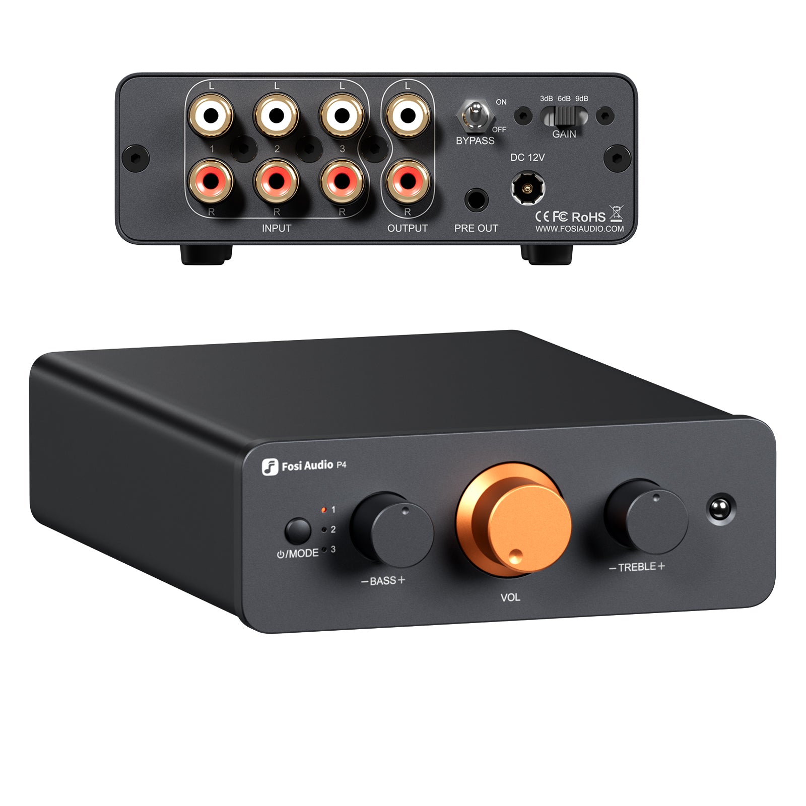 Fosi Audio P4 Mini Preamp with 3 RCA Inputs, EQ/Bypass, Treble & Bass Tone Control - Fosi Audio