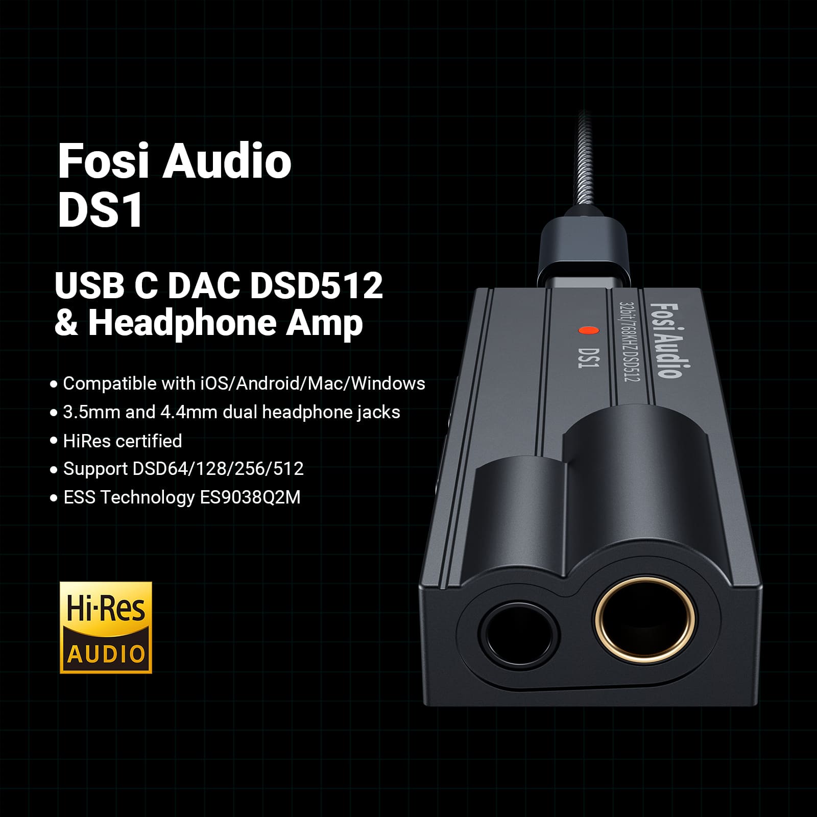 Fosi Audio DS1 Headphone Amps Tiny Amplifier USB DAC High Resolution Supports 32bit/768kHz and DSD512 Headphone Outputs 3.5mm/4.4mm for Smartphones/Laptop/PC/Players