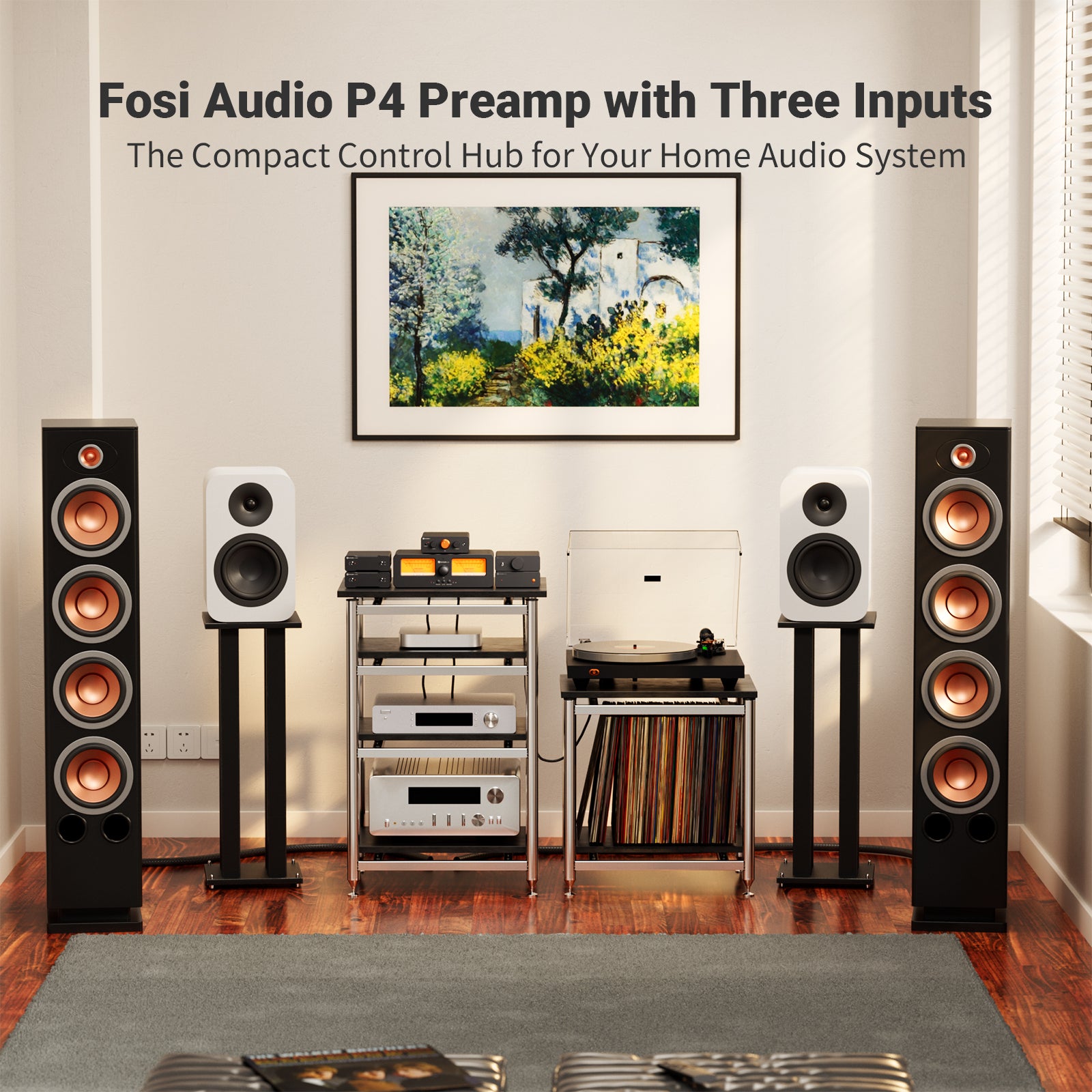 Fosi Audio P4 Mini Preamp with 3 RCA Inputs, EQ/Bypass, Treble & Bass Tone Control - Fosi Audio