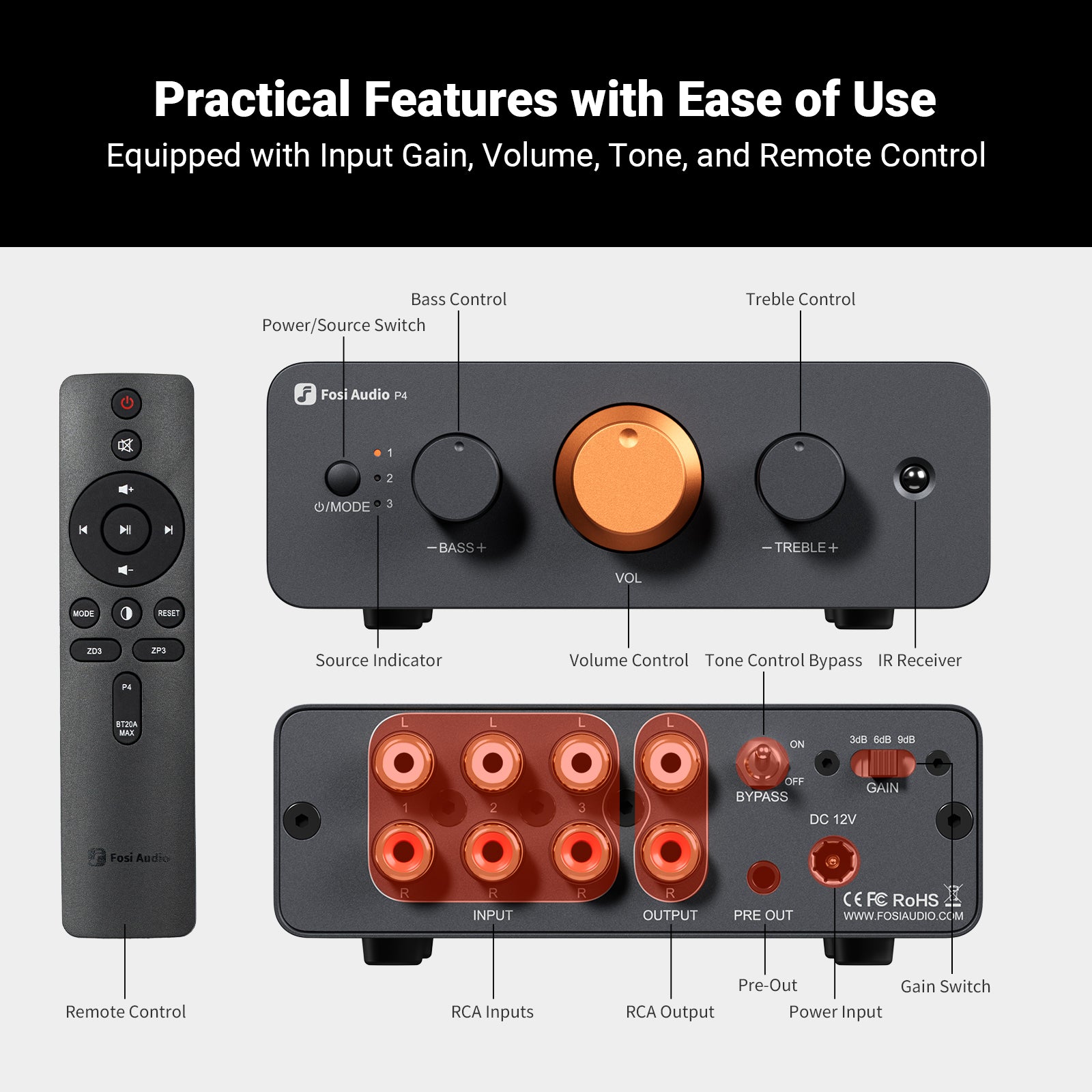 Fosi Audio P4 Mini Preamp with 3 RCA Inputs, EQ/Bypass, Treble & Bass Tone Control - Fosi Audio