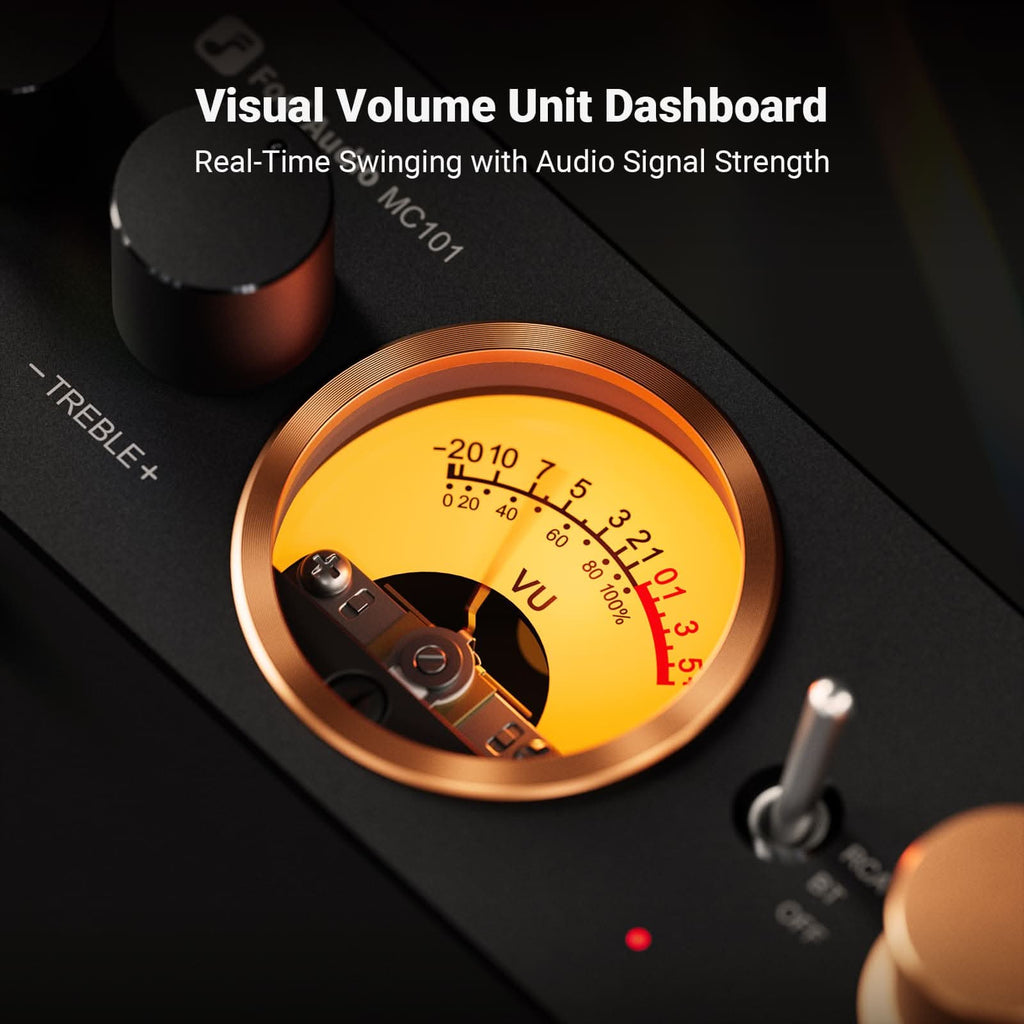 Fosi Audio MC101 Bluetooth Amplificador Estéreo Home Audio Component Mini Amp con VU Meter Receptor HiFi 2 canales para Altavoces Pasivos con Bass Treble Tone Control Vintage All Aluminum Alloy