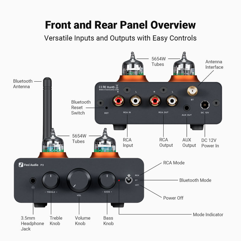 Fosi Audio P3 Tube Preamp with Bluetooth aptX LL HD Bass and Treble Tone Controls - Fosi Audio