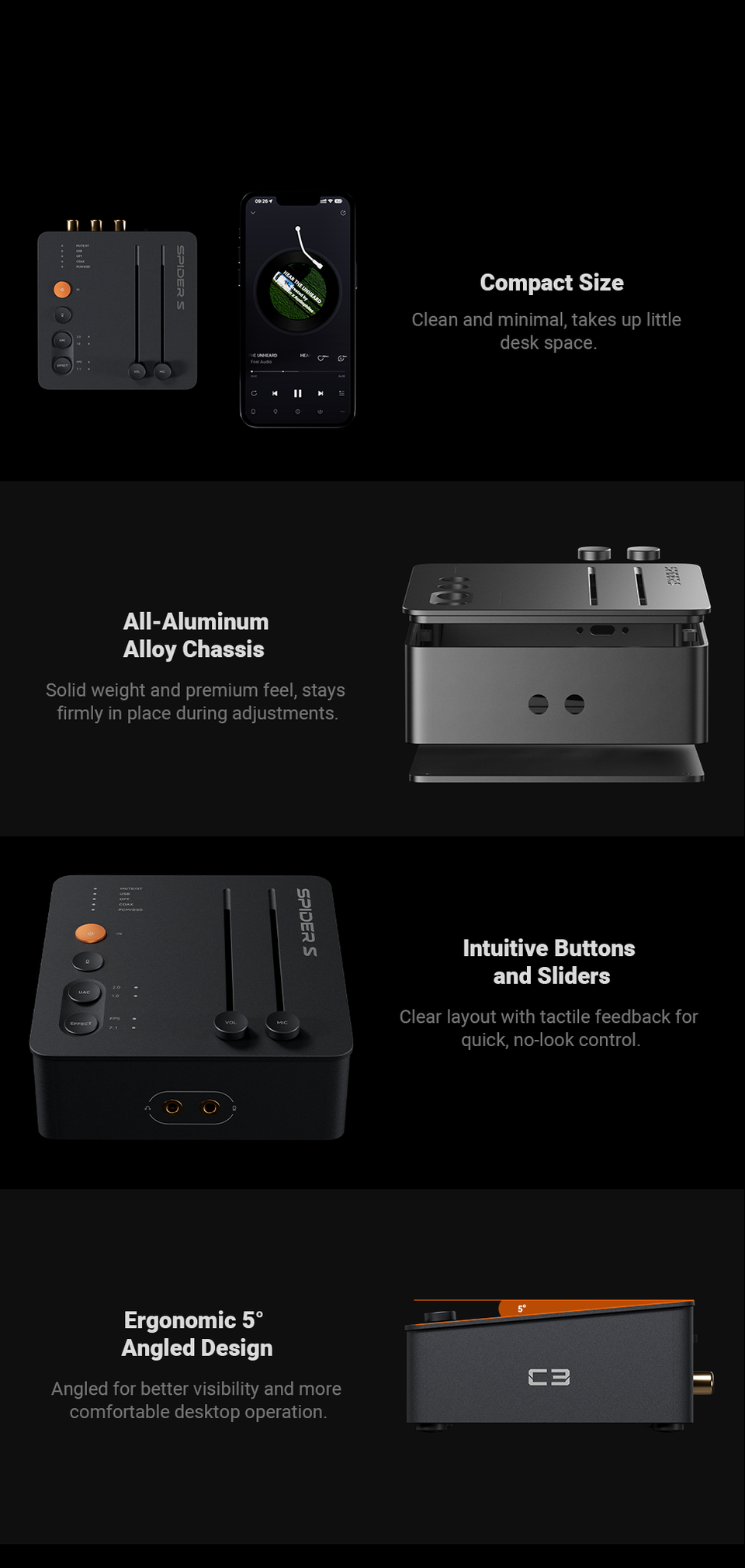 C3 compact size, aluminum chassis, controls and angled design