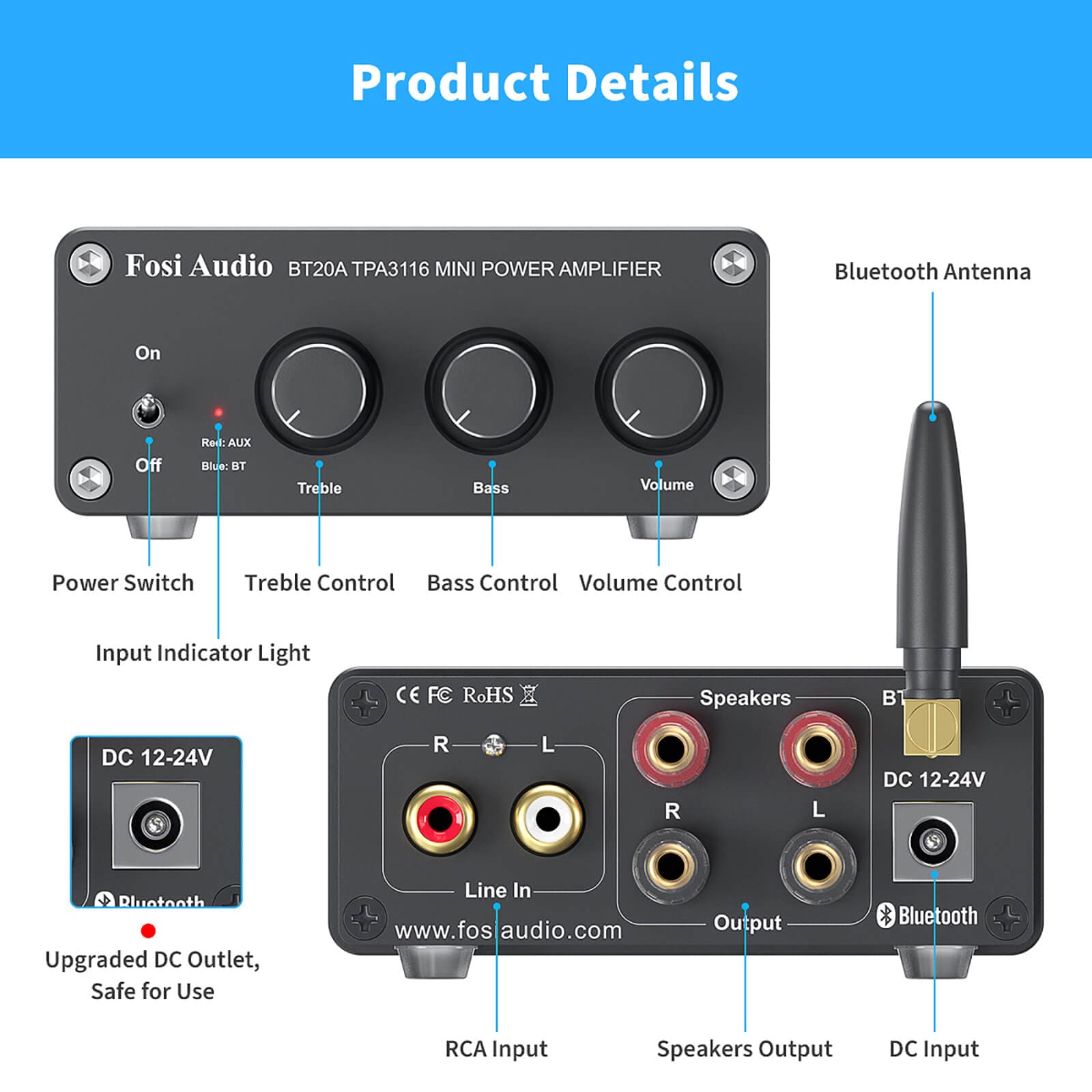 Fosi Audio BT20A Bluetooth 5.0 Amplifier 2 Channel Stereo Amp Receiver Class D Amplifier for Home Audio System