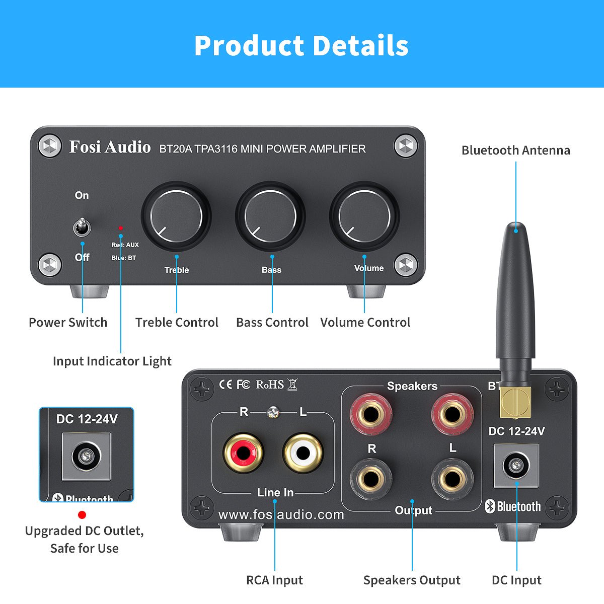 Amazon | Fosi Audio BT20A Bluetooth 5.0 パワーアンプ 2.0CH