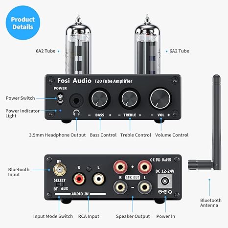 Fosi Audio T20 Bluetooth Tube Amplifier Stereo Amplificador Audio 50W Power Headphone Amplifier for Passive Speakers