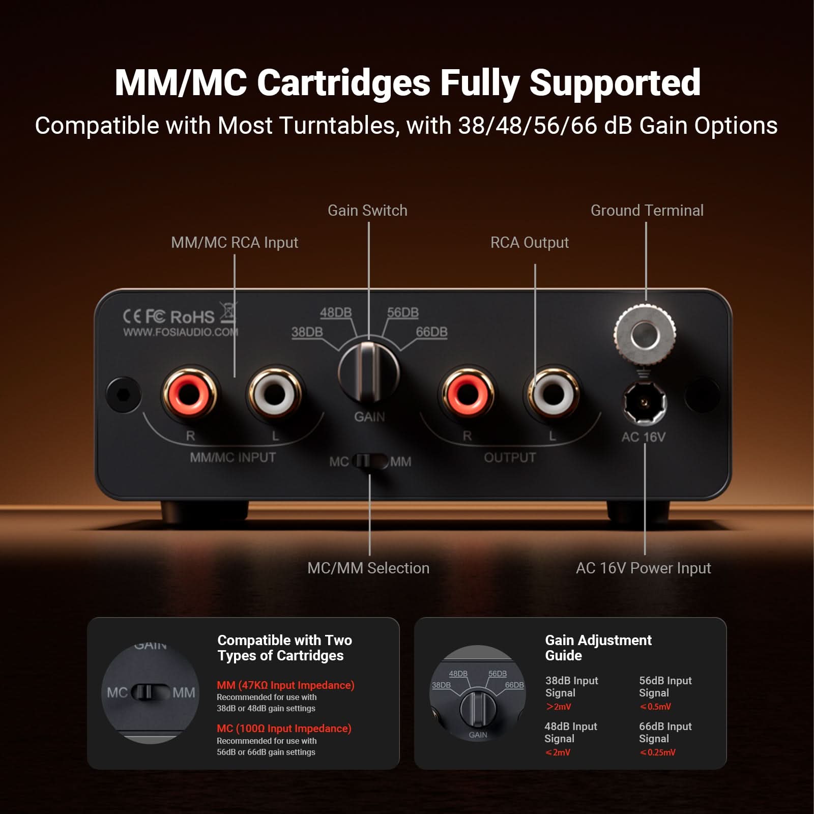 Fosi Audio Box X5 Preamplificatore Phono – Per Giradischi MM/MC, 4 Guadagni (38/48/56/66 DB), RIAA Precisione, Telaio In Alluminio
