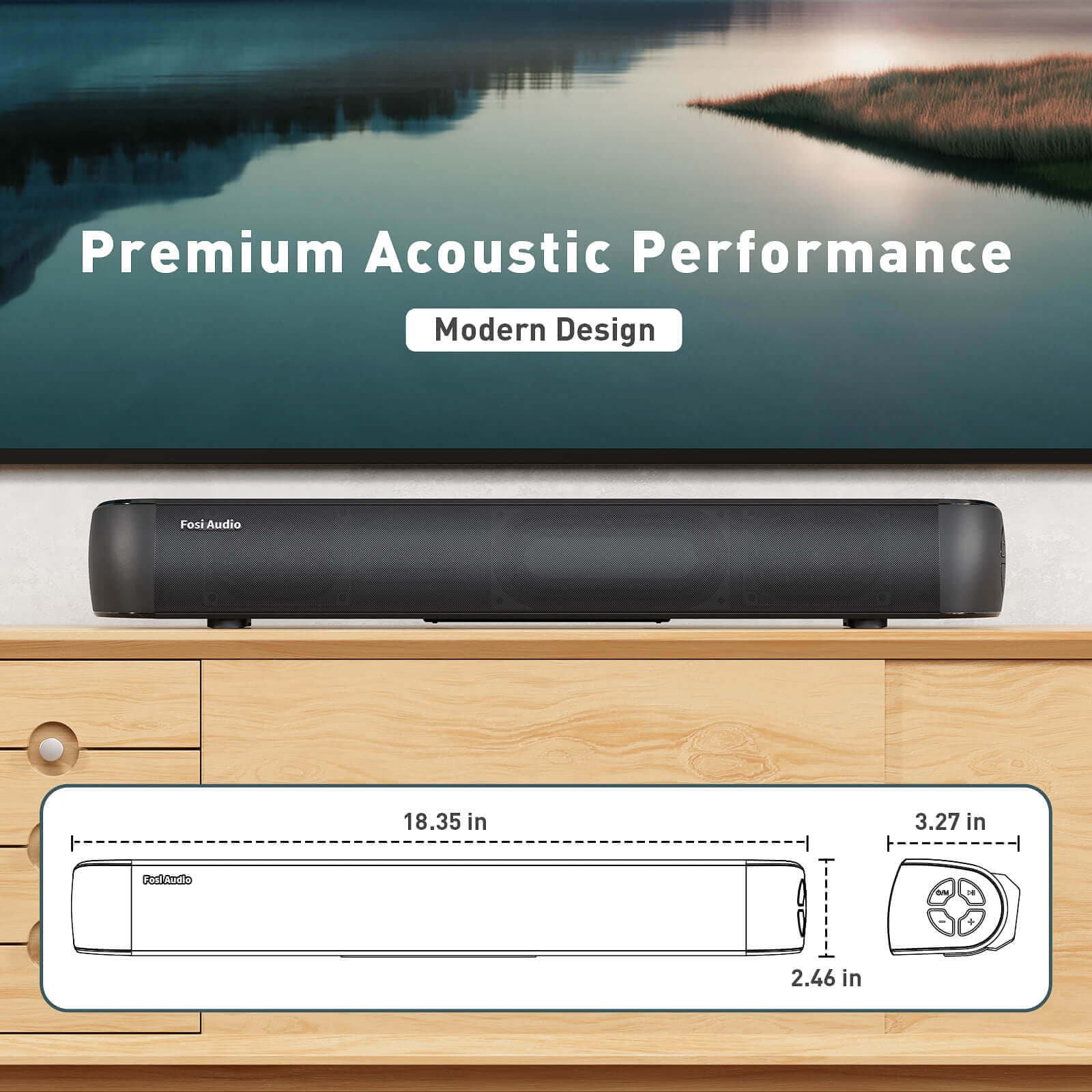 Fosi Audio Bluetooth Sound Bars for TV, 18.35-Inch Small Sound Bar with 5 EQ Modes & Built-in DSP, Bass Adjustable via Remote, HDMI ARC/Wireless/Optical/Aux/USB Connection, Wall Mountable TV Soundbar