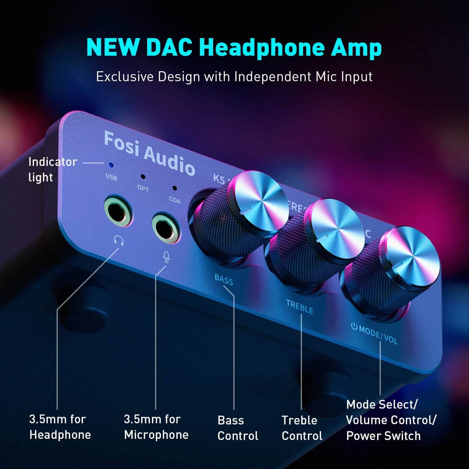 Fosi Audio K5 Pro Gaming DAC Headphone Amplifier Mini Hi-Fi Stereo for PS5/PC/MAC/Smartphone