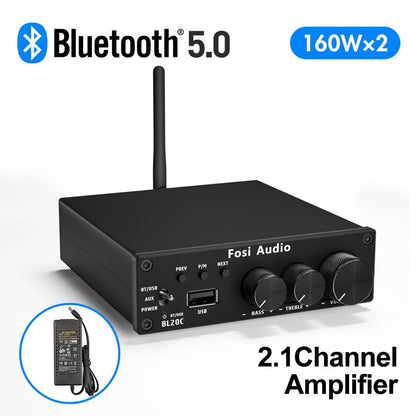 Fosi Audio BL20C Bluetooth Stereo Audio Receiver Amplifier 2.1 Mini HiFi Class D Amp U-Disk Player For Passive Speaker 160W x2