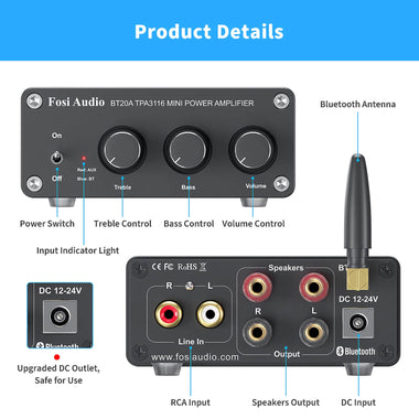 Fosi Audio BT20A Bluetooth Amplifier 2CH Stereo Amp Receiver