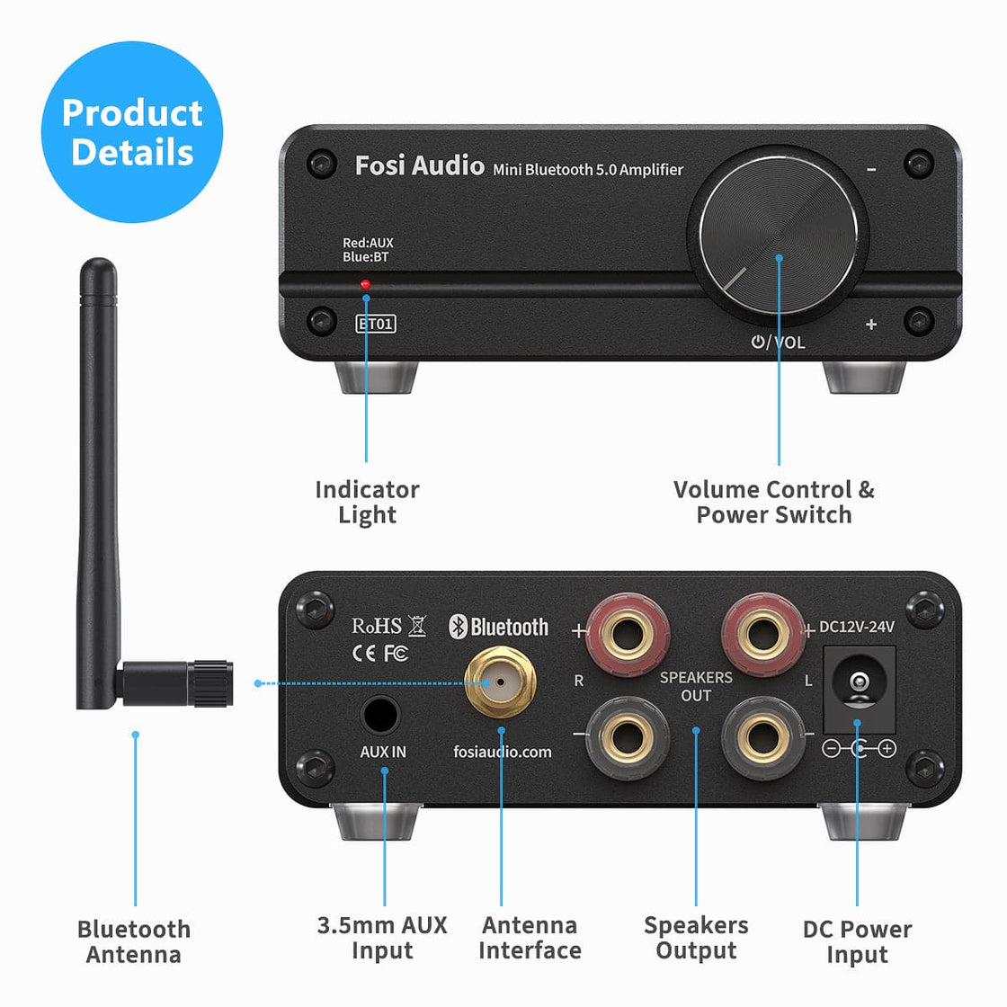 Fosi Audio Bluetooth 5.0 Amplifier 2 Channel HiFi Power Amp