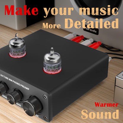 Phono Preamp & Headphone Amplifier with JAN 5654W Vacuum Tubes for MM Turntable Phonograph Preamplifier for Record Player with Volume Bass Treble Control Hi-Fi Pre Amp Fosi Audio Box X4
