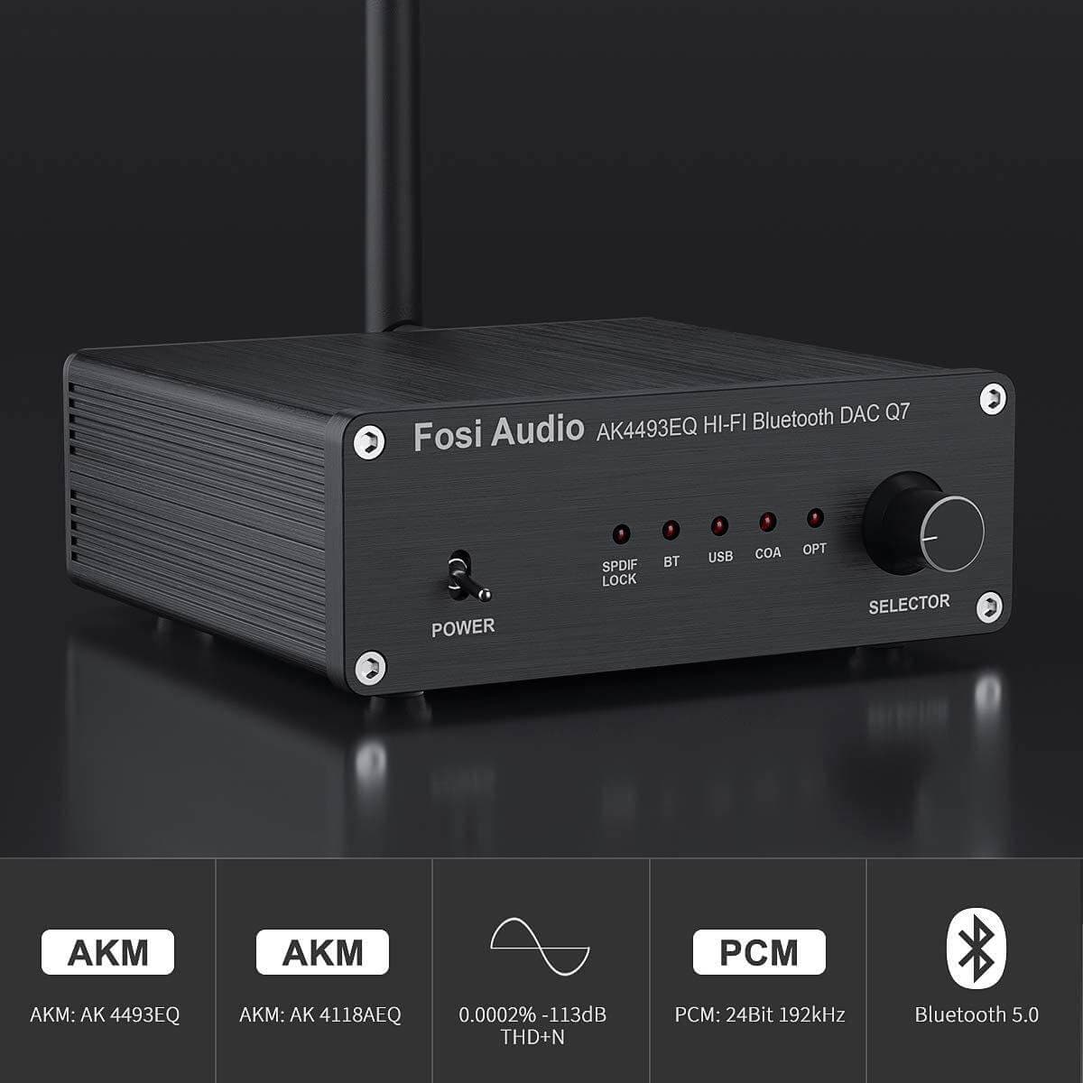 Fosi Audio DAC Q7 Bluetooth 5.0 Decoder QCC3003 Low Latency PCM2706 USB Optical Hi-Fi Amp , Digital-to-Analog Converter