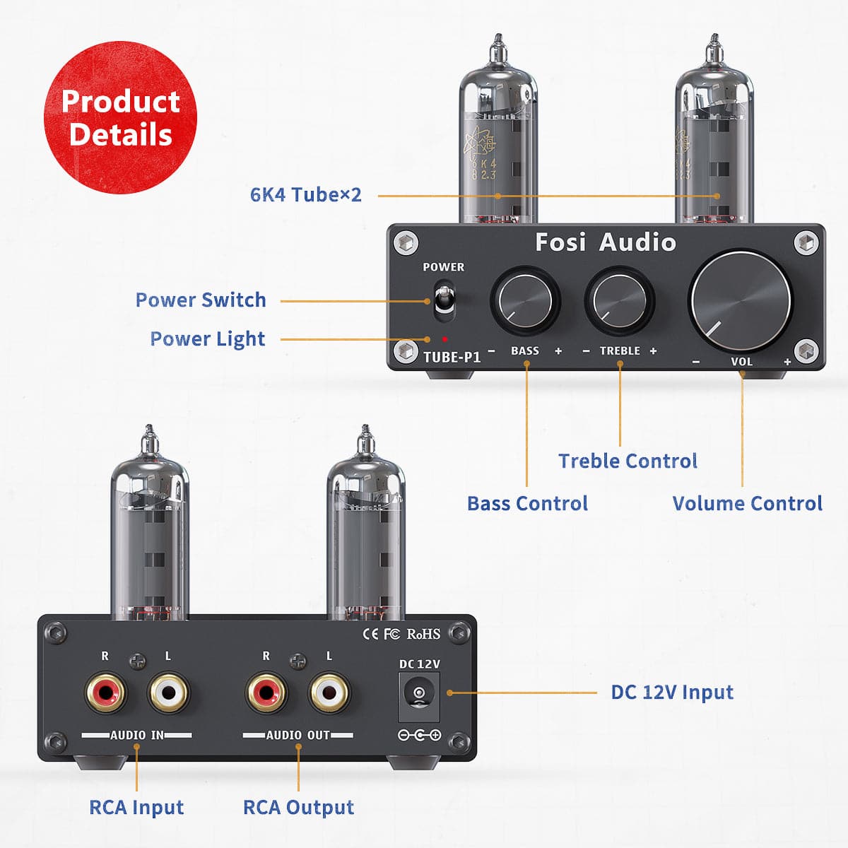 Fosi Audio P1 Vacuum Tube Pre-Amplifier Mini Hi-Fi Stereo Preamp 6J1 *2 Tubes