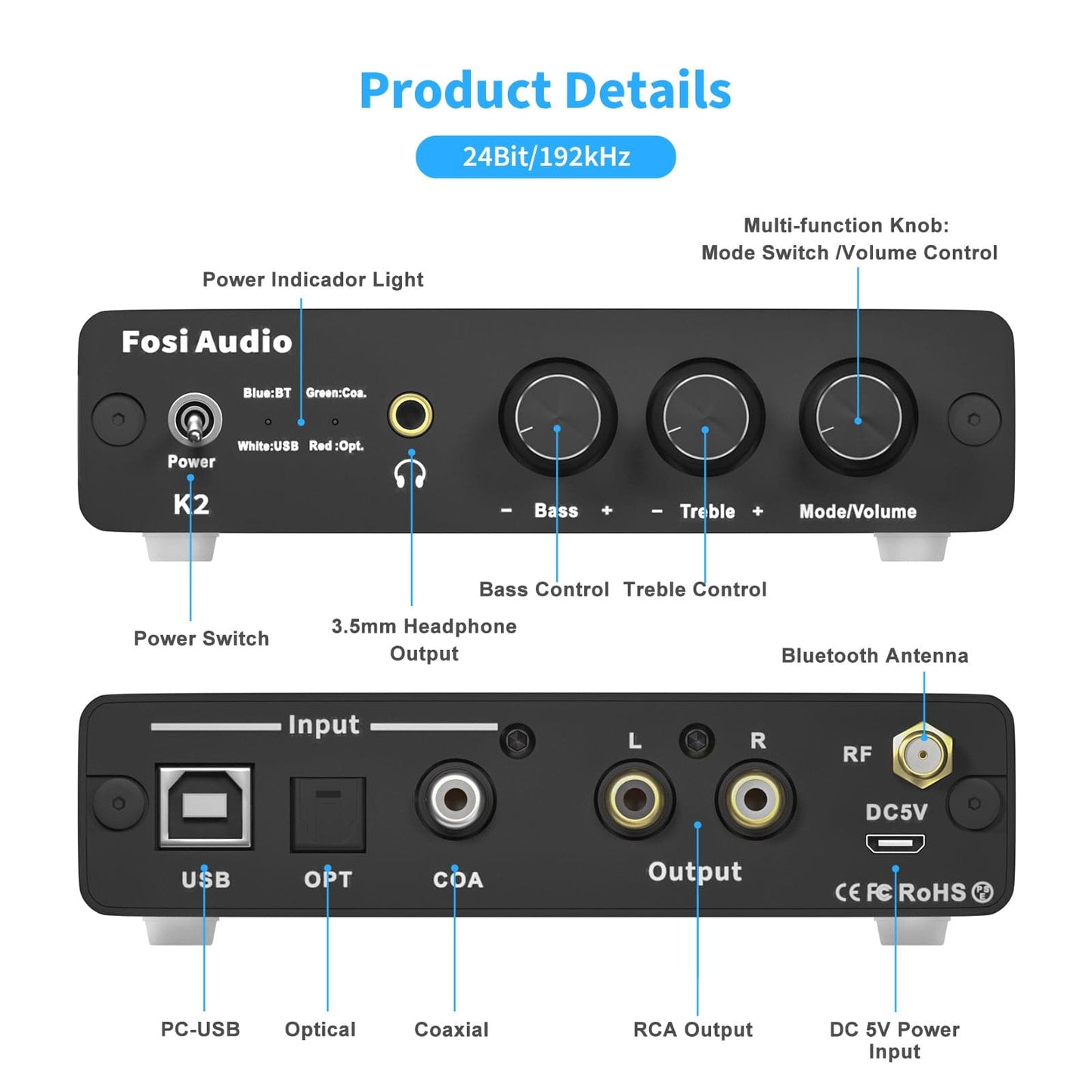 K2 Gaming DAC Headphone Amplifier Treble/Bass Bluetooth Amp