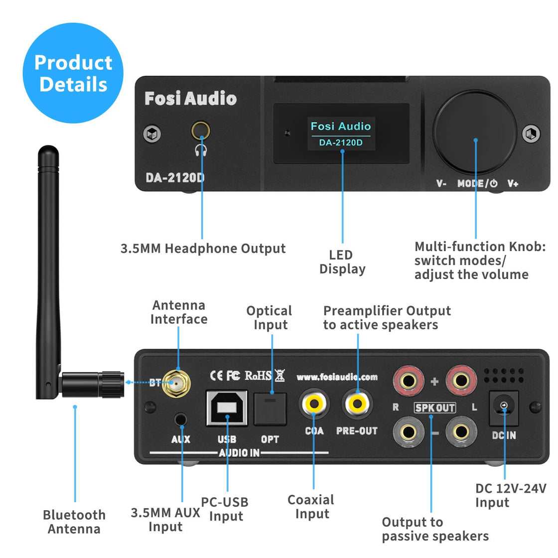 DA2120D Bluetooth 2.1 Ch Audio Amplifiers 100W Power Amp – Fosi Audio