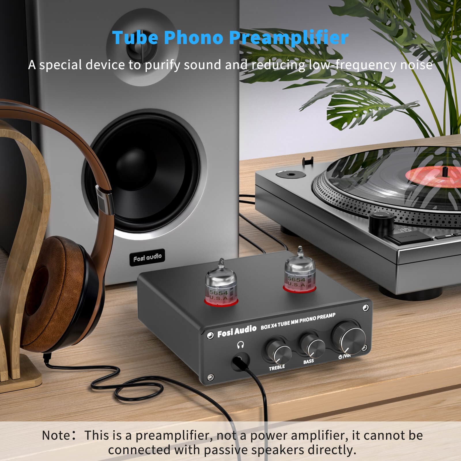 Phono Preamp & Headphone Amplifier with JAN 5654W Vacuum Tubes for MM Turntable Phonograph Preamplifier for Record Player with Volume Bass Treble Control Hi-Fi Pre Amp Fosi Audio Box X4
