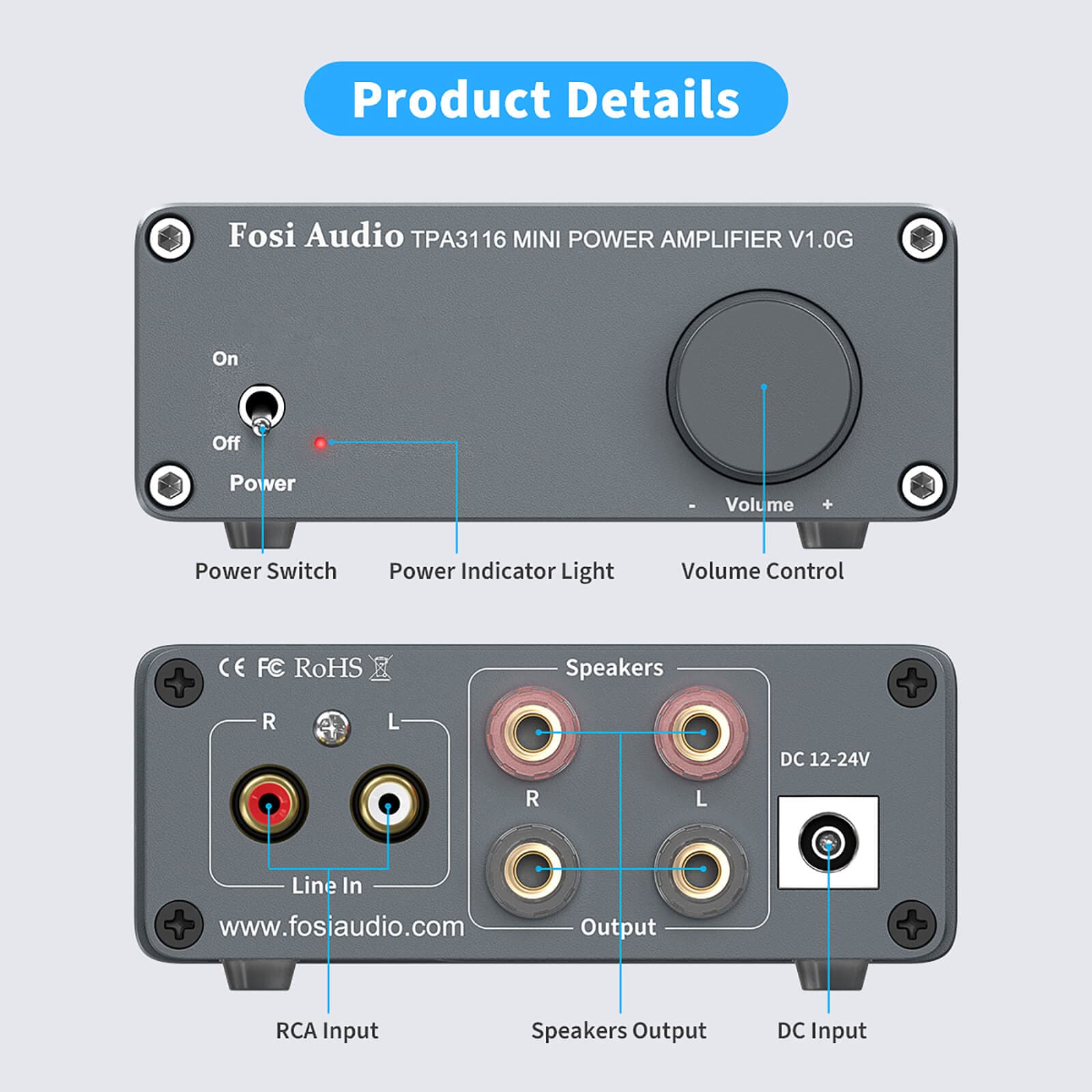 Fosi Audio V1.0G 2 Channel Stereo Audio Class D Amplifier Mini Hi-Fi Professional Digital Amp for Home Speakers 50W x 2