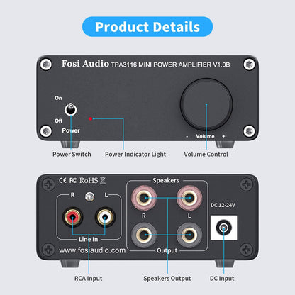 Fosi Audio V1.0B Power Amplifier 2 Channel Stereo Audio Mini Hi-Fi Class D Integrated TPA3116 Amp for Home Passive Speakers 50W x 2