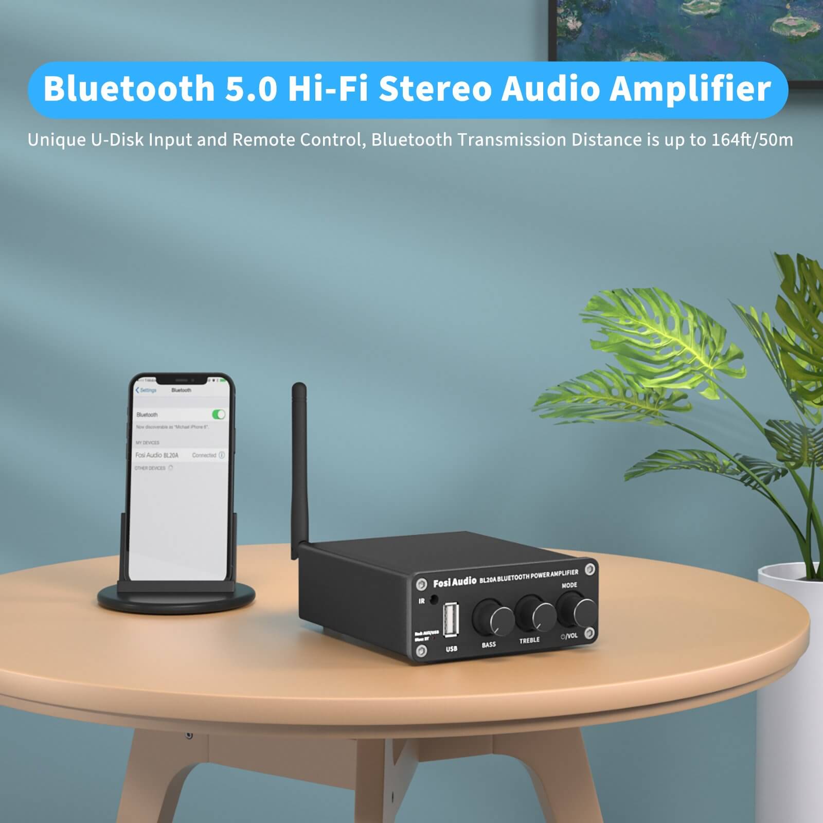 Fosi Audio BL20A Bluetooth TPA3116 Sound Power Amplifier 100W Mini HiFi Audio Class D Amp Bass Treble With U-Disk Remote Control
