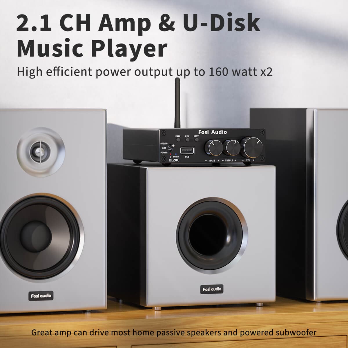 Fosi Audio BL20C Bluetooth Stereo Audio Receiver Amplifier 2.1 Mini HiFi Class D Amp U-Disk Player