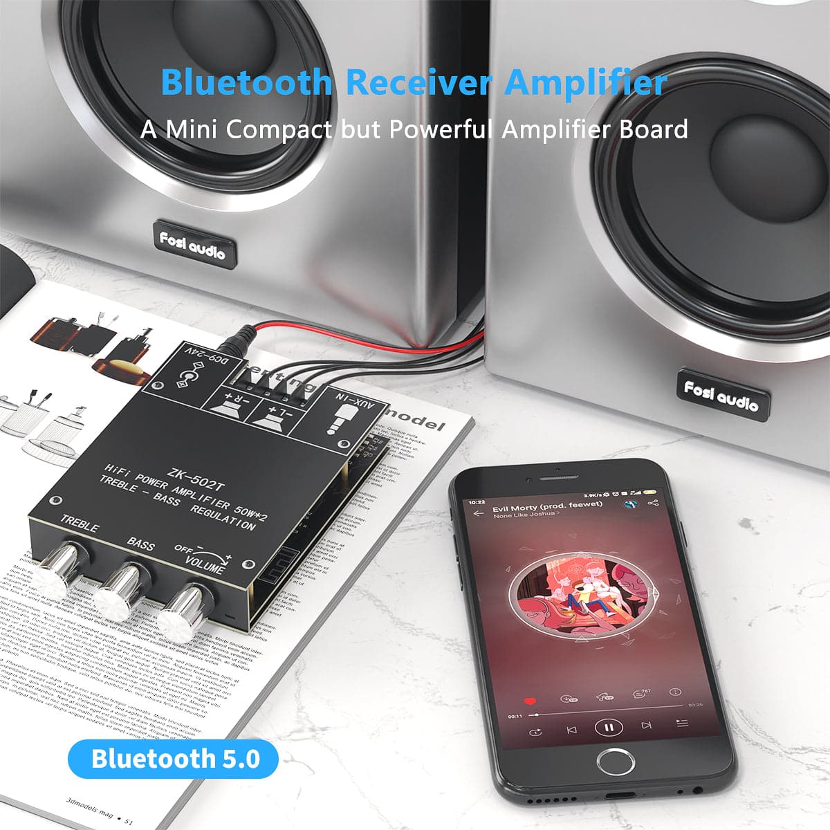 Fosi Audio ZK-502T Bluetooth 5.0 Amplifier Board 2 Channel Mini Wireless AUX Amp Module Bass and Treble TPA3116D2 50W x 2