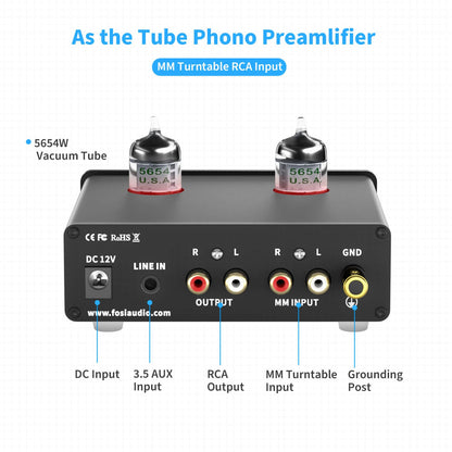 Phono Preamp & Headphone Amplifier with JAN 5654W Vacuum Tubes for MM Turntable Phonograph Preamplifier for Record Player with Volume Bass Treble Control Hi-Fi Pre Amp Fosi Audio Box X4