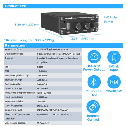 Fosi Audio BL20A Bluetooth TPA3116 Sound Power Amplifier 100W Mini HiFi Audio Class D Amp Bass Treble With U-Disk Remote Control Media 1 of 7