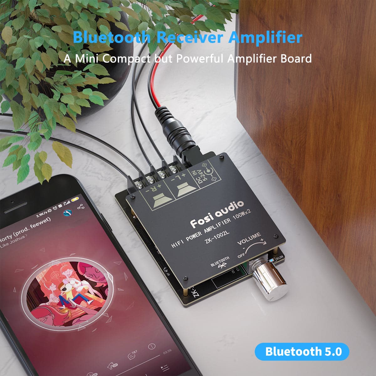 Bluetooth 5.0 Stereo Audio Receiver Amplifier Board 2 Channel Mini Wireless High Power Digital Amp Module for Home Passive Speakers 100W x 2 Fosi Audio ZK-1002L