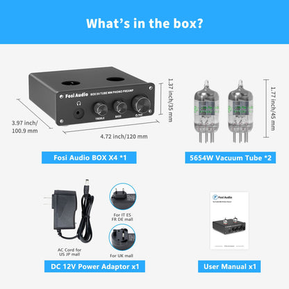 Phono Preamp & Headphone Amplifier with JAN 5654W Vacuum Tubes for MM Turntable Phonograph Preamplifier for Record Player with Volume Bass Treble Control Hi-Fi Pre Amp Fosi Audio Box X4