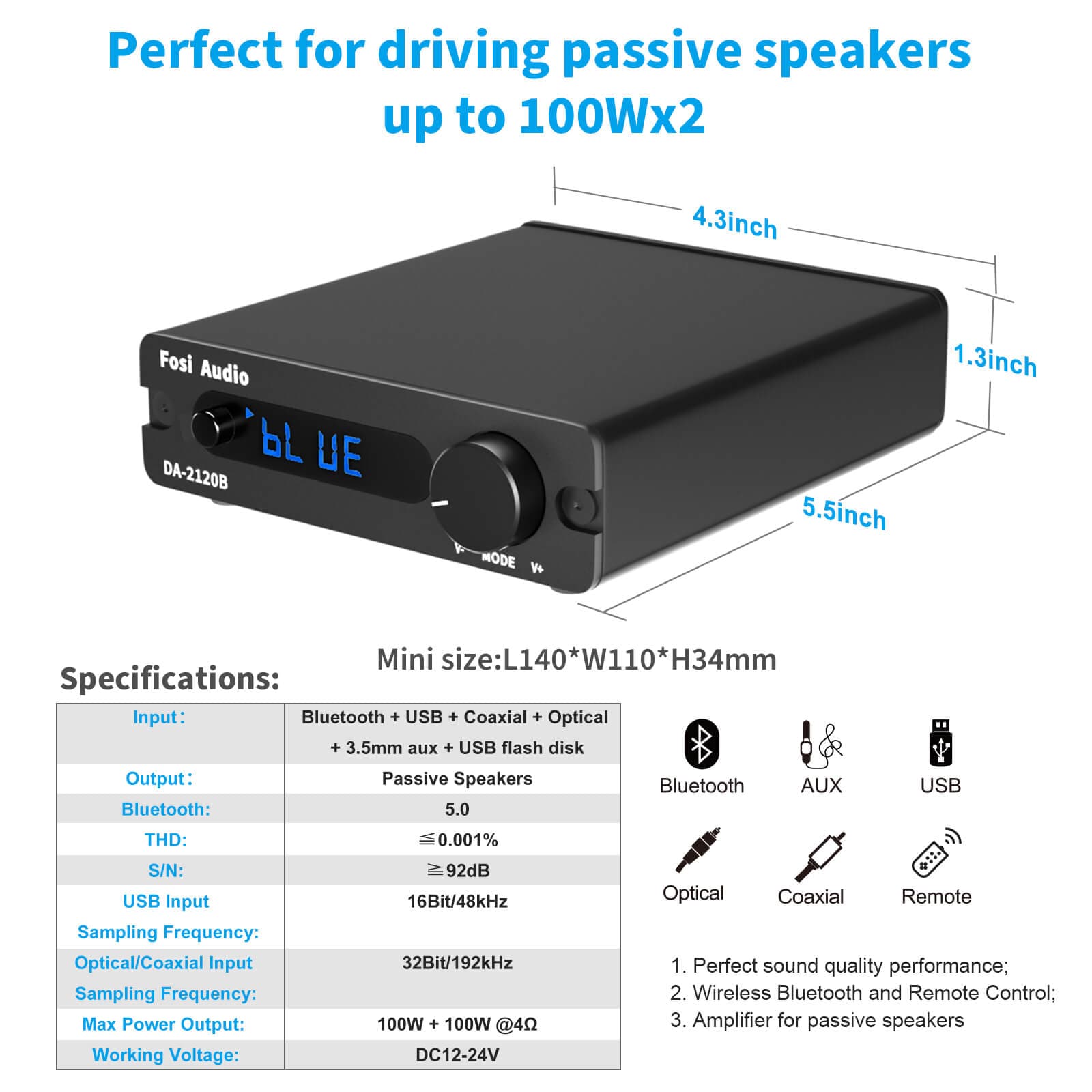 Class D Power Amp 100W x2 Passive Speakers Remote Control