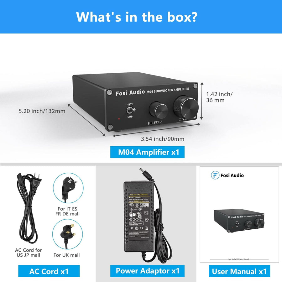 Fosi Audio 04 Aplificador de subwoofer para cine en casa onocanal