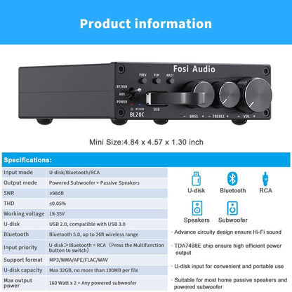 Fosi Audio BL20C Bluetooth Stereo Audio Receiver Amplifier 2.1 Mini HiFi Class D Amp U-Disk Player For Passive Speaker 160W x2